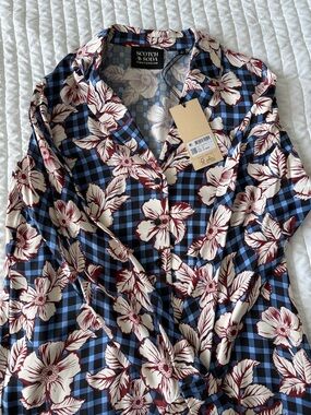 Scotch & Soda Navy Blue and Cream Floral Check Button-Up Shirt